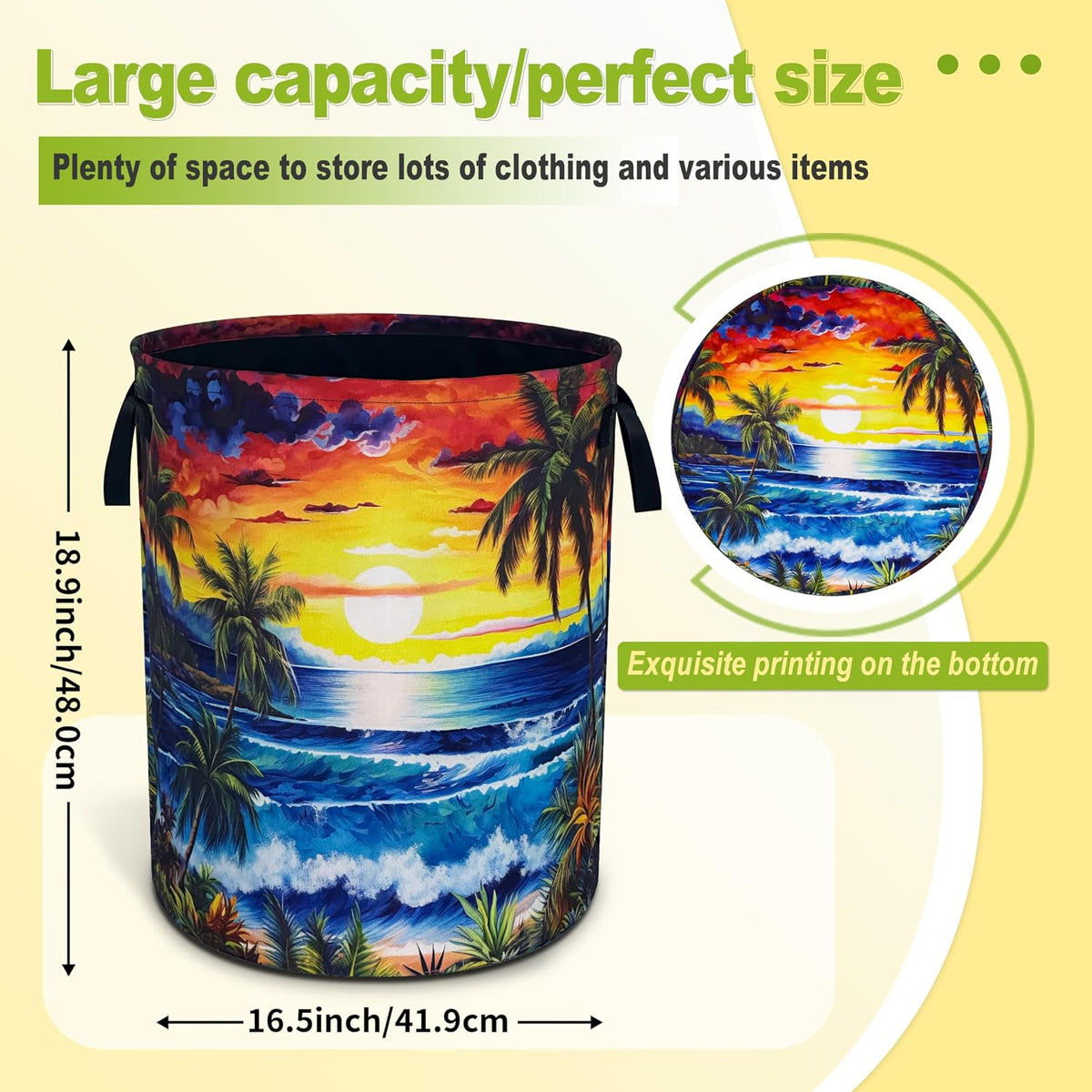 Hawaii Sunset Ocean Waves Laundry Basket Foldable Waterproof 18.9x16.5 Inch