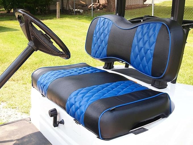 Huskey Golf Cart Front Rear Seat Covers Compatible with Yamaha G29 Drive & Drive 2 2007-Up Models, Custom Fit, Black Blue Diamond Stitching, Marine Grade Vinyl, Staple On