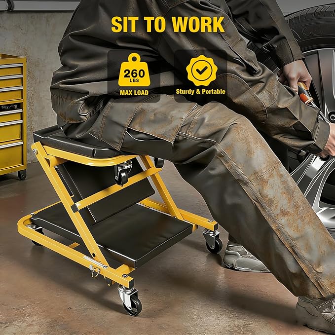 YELLOW JACKET Mechanic Creeper Stool, 40 Inches Extended 2-in-1 Foldable Z-Creeper Rolling Garage Seat with Wheels, Heavy Duty Steel Auto Repair Garage Stool for Shop, 330 LBS Capacity