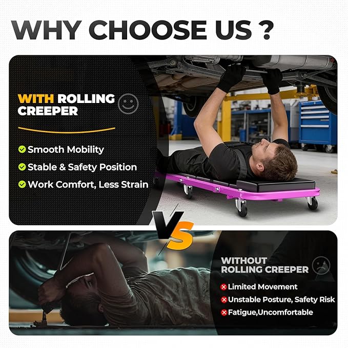 Auto Dynasty 48" Z-Creeper Seat, 2-in-1 Foldable Garage Creeper Shop Seat, 330 LBS Capacity Automotive Mechanic Repair Under Car Rolling Creeper Seat, Purple