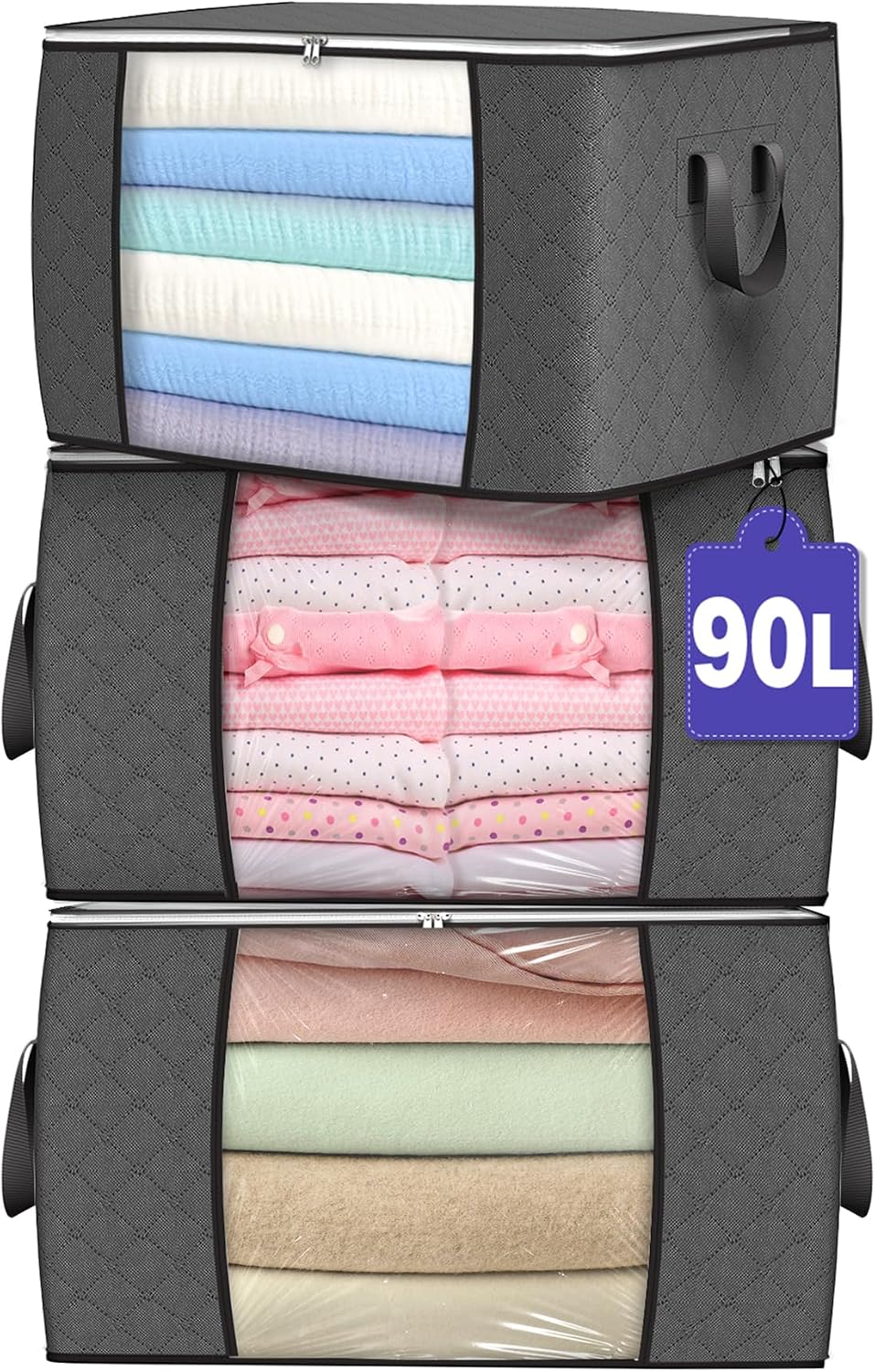 90L Large Storage Bags, 3 Pack Clothes Storage Bins Closet Organizers