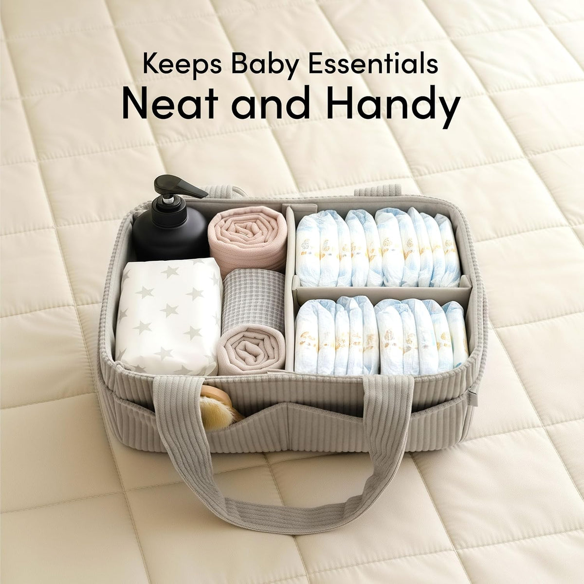 PUTSKA Baby Diaper Caddy Organizer for Changing Table – Stylish Nursery Storage Basket, Newborn Essentials, Baby Shower Gifts and Registry Must-Haves for Boy or Girl, Car Diaper Caddy, Corduroy Grey