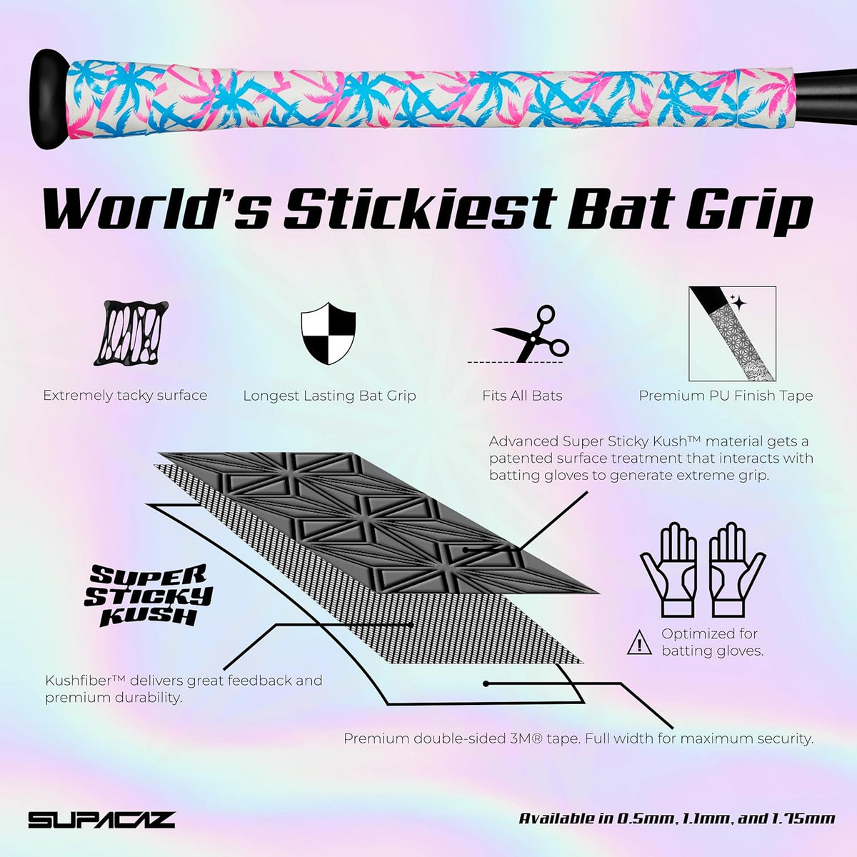 Supacaz Super Sticky Kush Baseball Bat Tape - High-Performance Softball Grip - 1.1mm Thickness