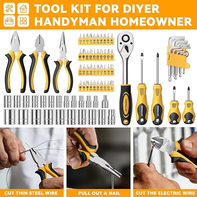 199 Piece Tool Kit for Home,General Household/Auto Repair Tool Set,Basic Hand Tool Kit with Socket Wrench,Tool Box Case for Men,Perfect for Diyer Handyman Homeowner