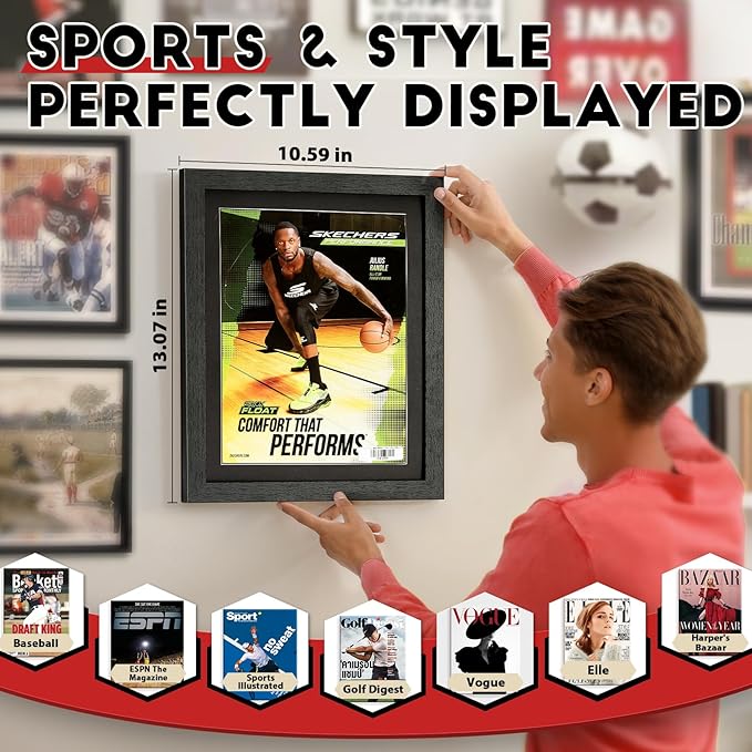 JupDec Sports Magazine Frame, Premium Wood Display Case for 8" x 10.5" Magazines, Wall Mount or Tabletop Stand, Layered Design with Positioning Mat, Perfect for Sports, Fashion & Home Decor, White