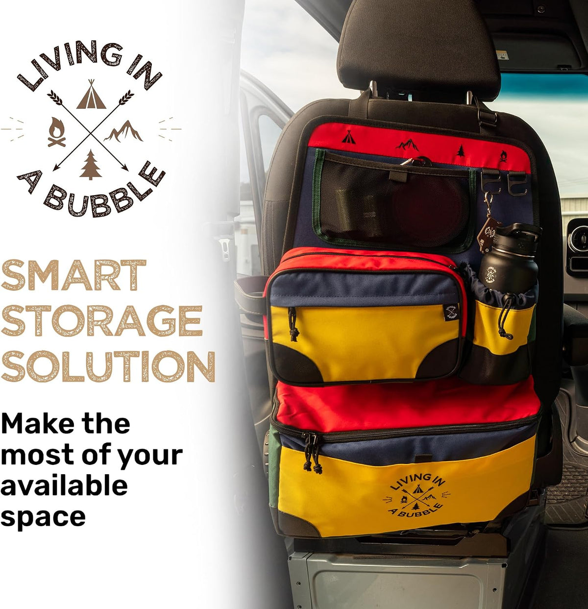 Living in a Bubble Seat back Organizer – Magnetic Toiletry and Cooler Pouch, Cordura Car Backseat Storage with Device Holder & Hooks, Multi-Compartment Utility Bag for Campervans & Family Travel