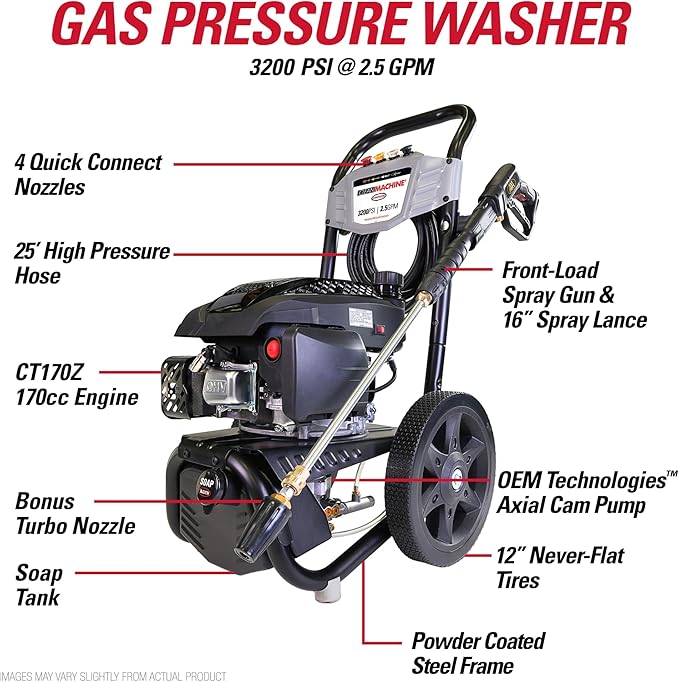 Simpson Cleaning 3200 PSI Gas Pressure Washer, 2.5 GPM Residential Power Washer with Soap Tank and Turbo Nozzle, 25' Hose, Clean Machine, 49-State (CM61456)