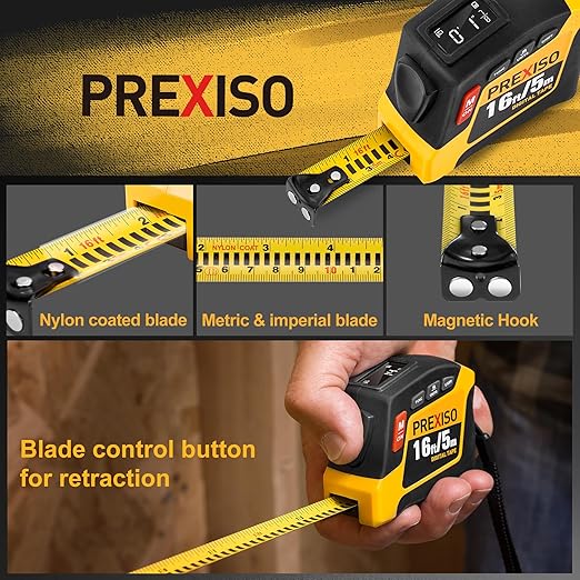 PREXISO 2-in-1 Digital Tape Measure - 16Ft Rechargeable Measuring Tape