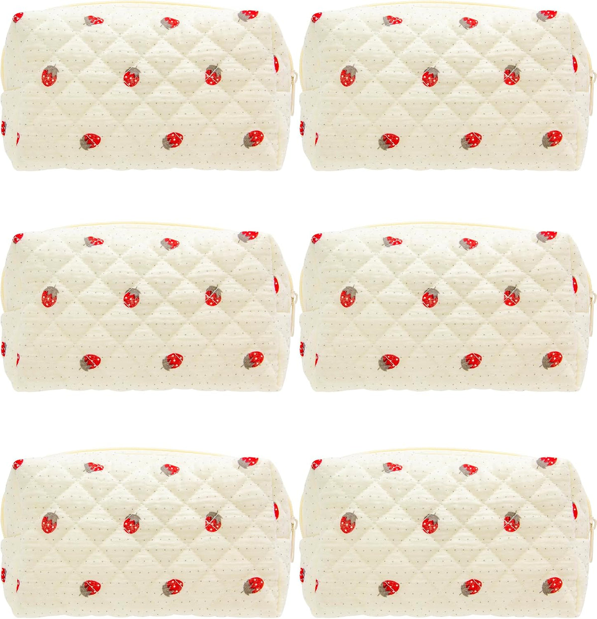 Small Quilted Makeup Bag,Zipper Cosmetic Pouch,Gauze Strawberry,6 Pack
