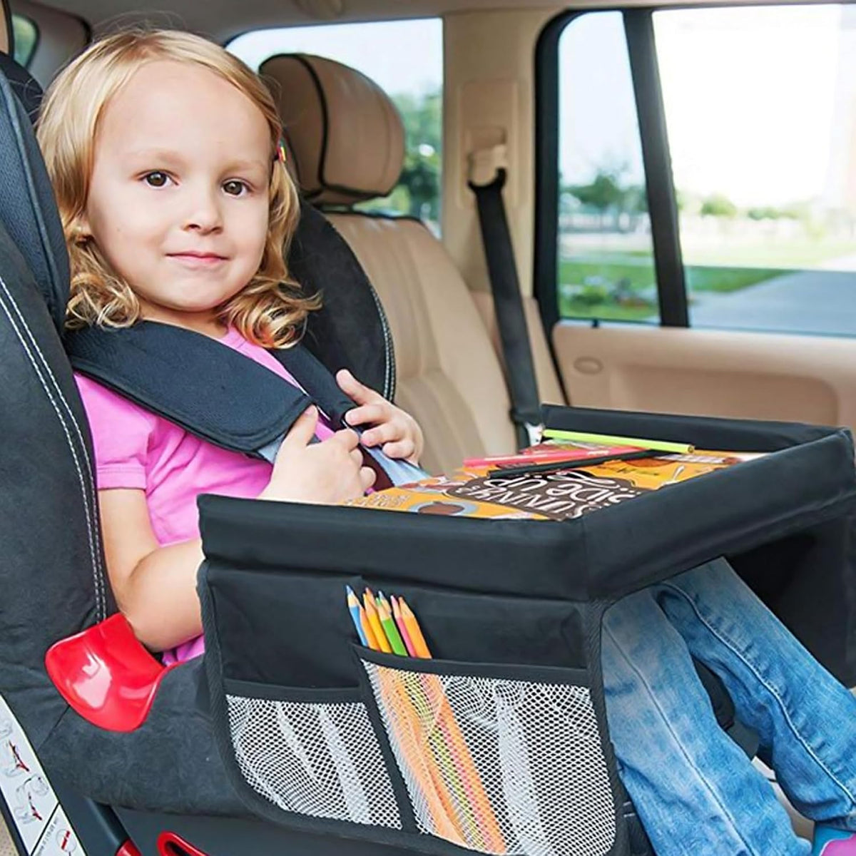 Kids Travel Tray for Kids Car Seat. Toddler Car Seat Tray Table with 6 Compartments and Tablet Stand. Foldable Toddler Table for Travel. Folding Portable Desk. Compact Road Trip Essentials
