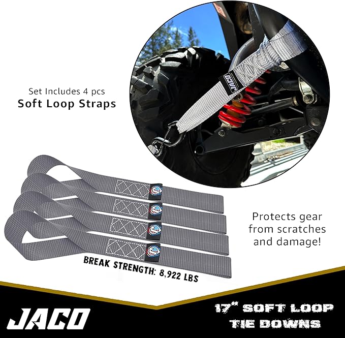 JACO Heavy Duty Ratchet Straps - 1.6 inch x 8 ft (Pack of 4) | Tie Down Kit with Soft Loops - 5,208 lbs (Grey)