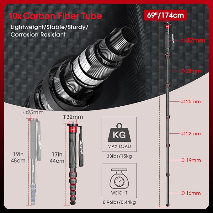 Manbily Camera Monopod, C-666L 32mm Tube Carbon Fiber Monopod