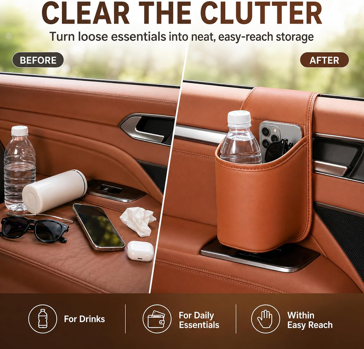 Leather Car Door Cup Holder, Wide‑Mouth Opening Car Storage Pocket for Drinks & Phone，White
