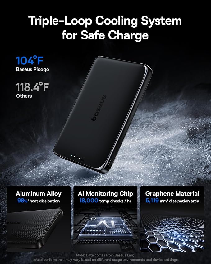 Baseus Picogo Power Bank, 0.5" Ultra Slim 10000mAh MagSafe Portable Charger, 27W Fast Charging Magnetic Battery Pack, Upgraded Polished Alloy Wireless Charger for iPhone 17 Pro Max/Air/16/15/14/13/12