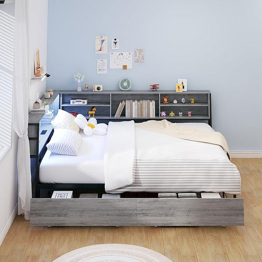 Corner Bed Frame Full with Storage, L Shaped Daybed for Kids,Full Corner Bed with Drawers, Shelves, RGB LED Lights & Charging Station, Sturdy Metal Kids Full Bed for Girls Boys,Gray