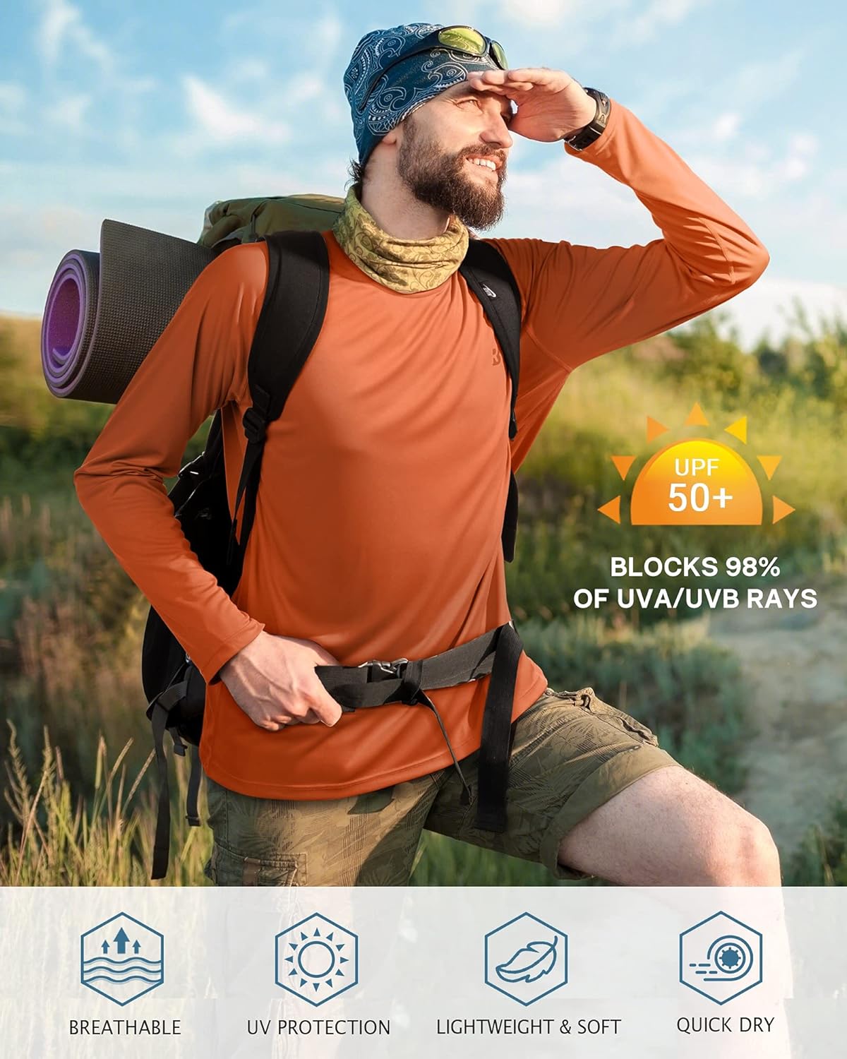 Roadbox Men's UV Sun Protection Shirt - UPF 50+ Long Sleeve Rash Guard for Outdoor Activities