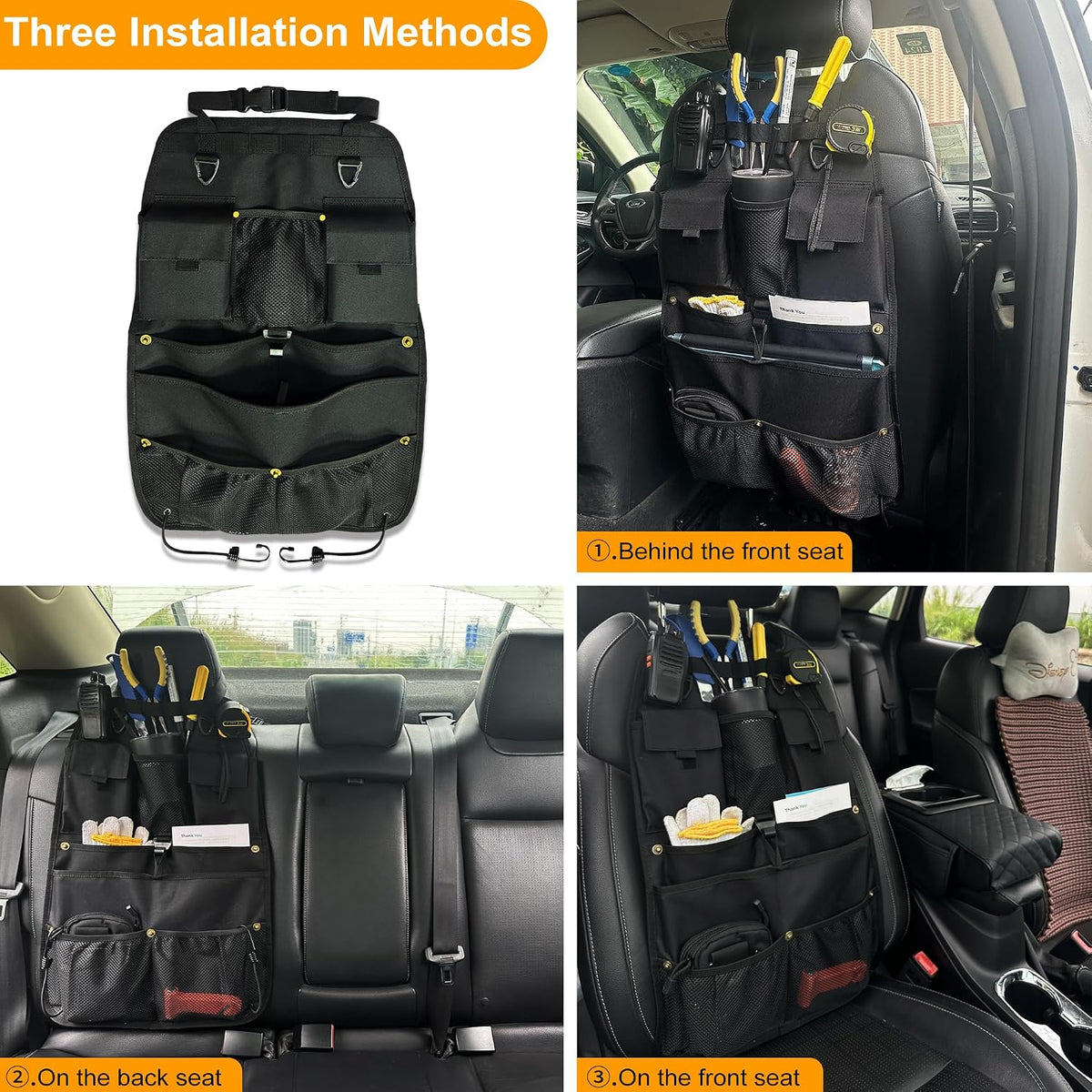 Car Seat Back Organizer with Multiple Storage Pockets, Black Mesh and Fabric, Universal Fit