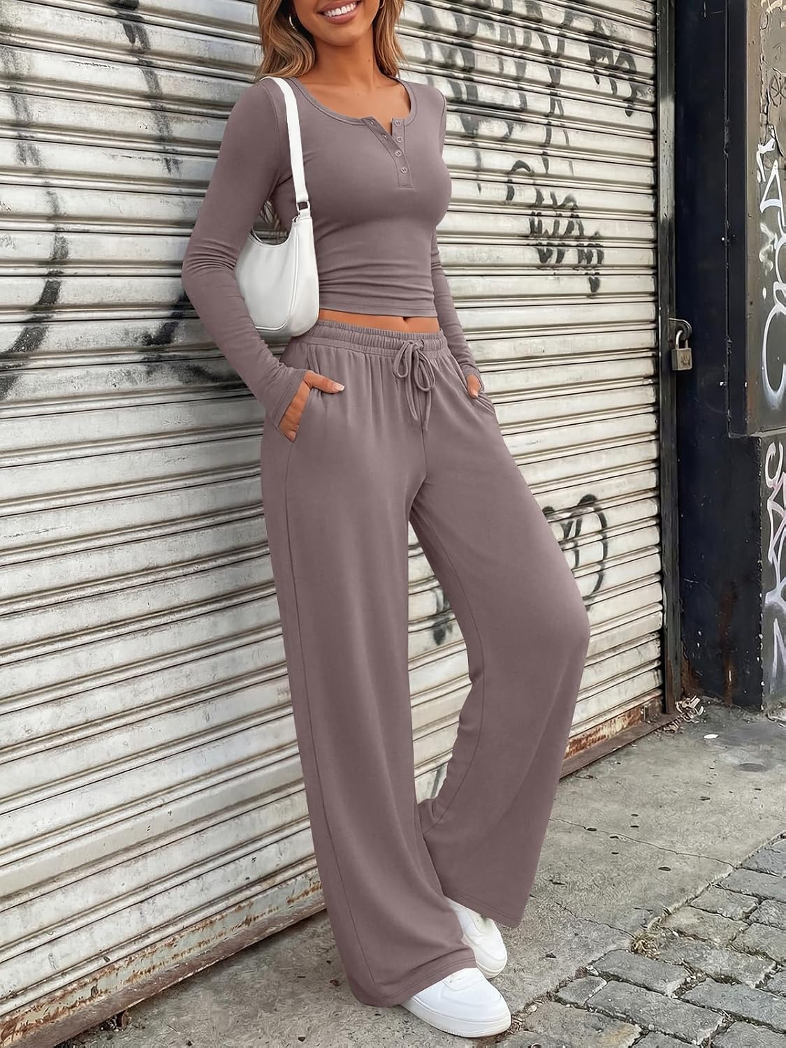 Trendy Queen Women's Lounge Set - Long Sleeve Crop Top & Wide Leg Pants | Casual Comfort