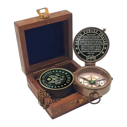 Army Gift, U.S Army Military for Men and Women, Engraved Army Compass with Leather case, United State Army Gift, Army Brass Compass, Army Retirement Gift, Personalized Compass (Army Wooden Box)