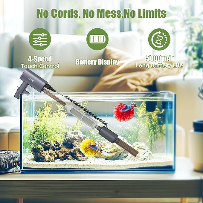 Cordless Aquarium Gravel Cleaner Vacuum: 6-in-1 Electric Fish Tank Cleaner, Rechargeable & Strong Suction Water Changer, Touch Control, Fits 5–150 Gallon Tanks