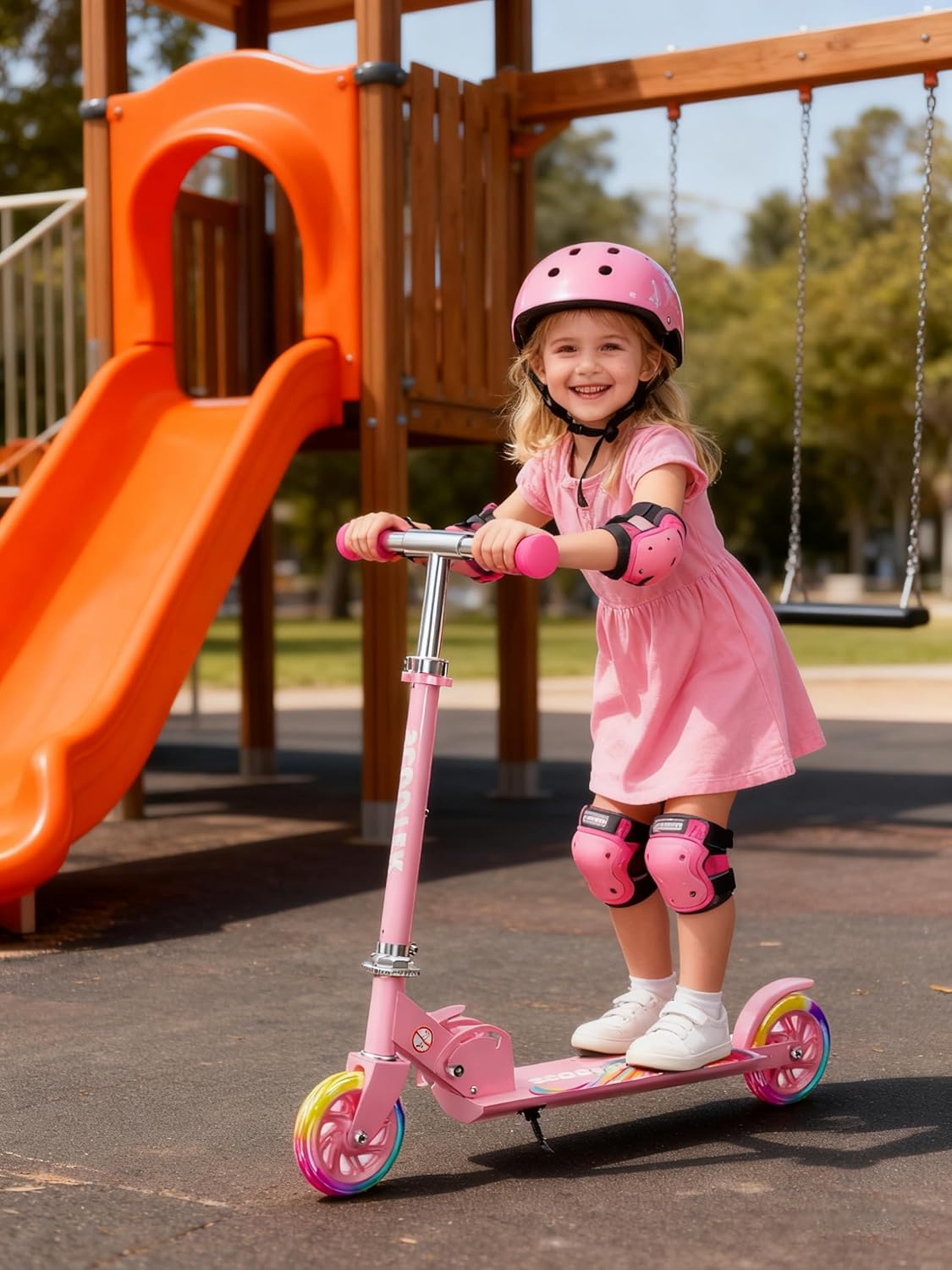 Skiennix Kids Kick Scooter - Adjustable 3-Level Height, LED Light-Up, Lightweight Foldable - Girly Pink