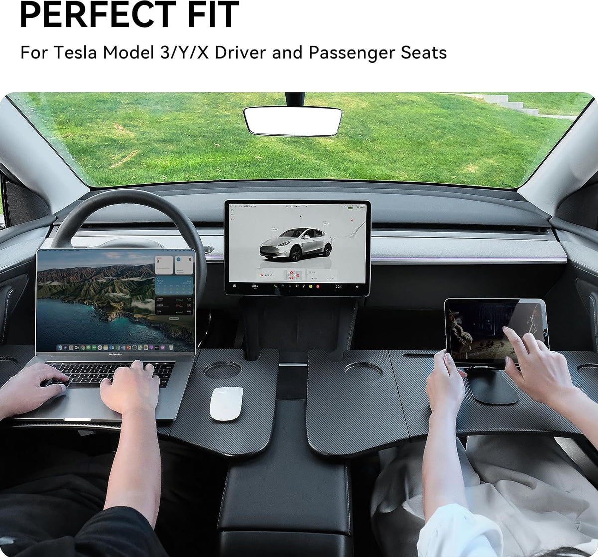 YONZEE Foldable Desk Food Tray (Carbon Edition) for Tesla Model Y Juniper Model 3 - Upgraded Table with Support Leg for Dining, in-Car Work, Travel and Outdoor (2 Pack)