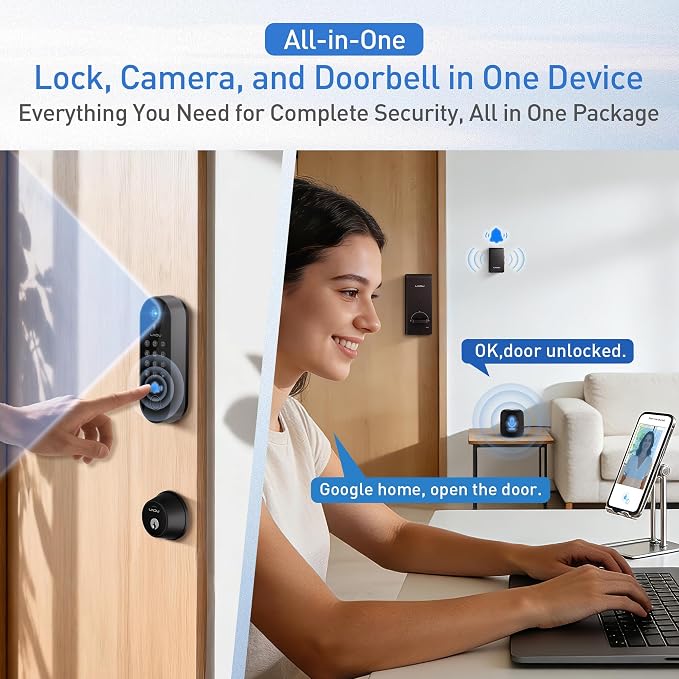 Smart Video Door Lock with 2K Doorbell Camera, Fingerprint & Keypad Keyless