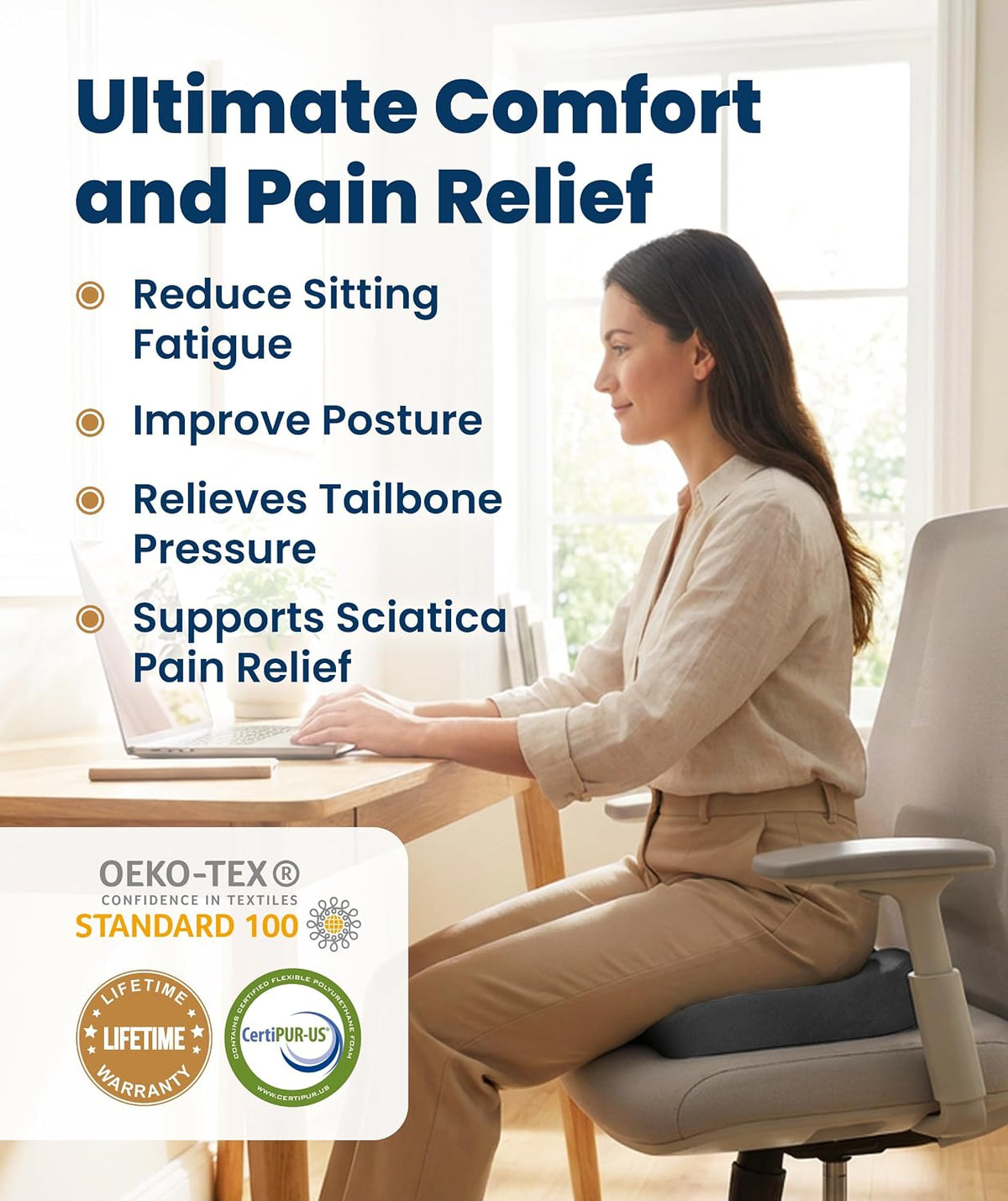 Everlasting Comfort Doctor Recommended Memory Foam Seat Cushion for Office Chairs & Car - Ergonomic Office Desk Accessories - Cushions for Tailbone Pain Relief, Sciatica (Gray, Large)