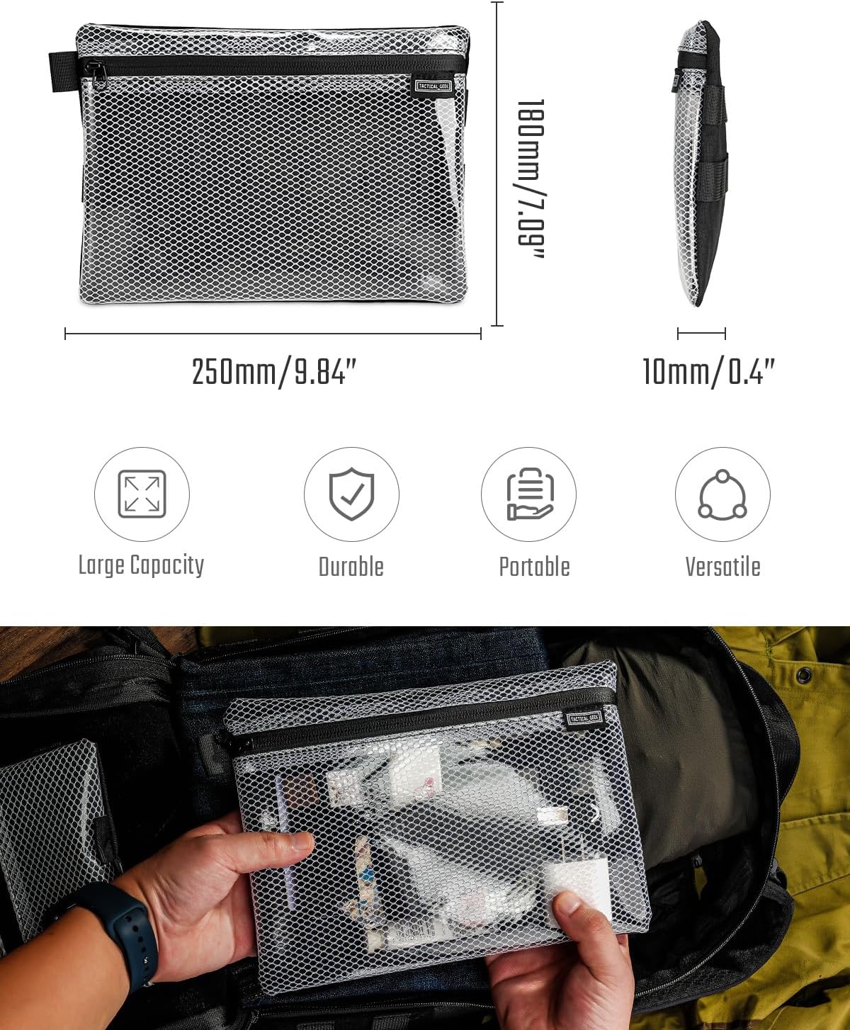 TACTICAL_GEEK Storage A10 EDC Mesh Pouch, Lightweight Travel Carry Bag, Portable Waterproof Organize Nylon Pouches, Multi-Purpose Utility Zipper Bags for Daily Organization Storage