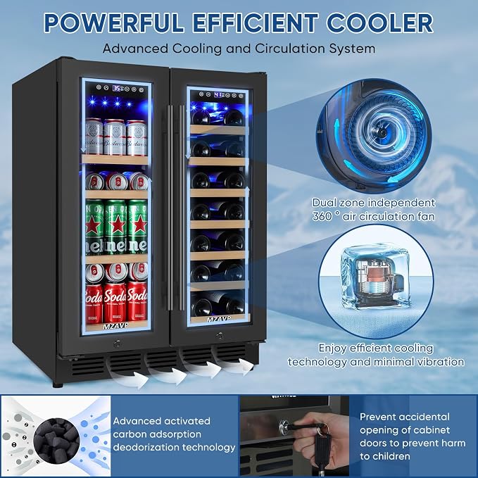 Wine and Beverage Refrigerator 24", Dual Zone Wine & Beverage Cooler with Glass Door and French Door, Built-In/Freestanding Wine and Beer Fridge Holds 21 Bottles & 88 Cans for Home/Bar - Black