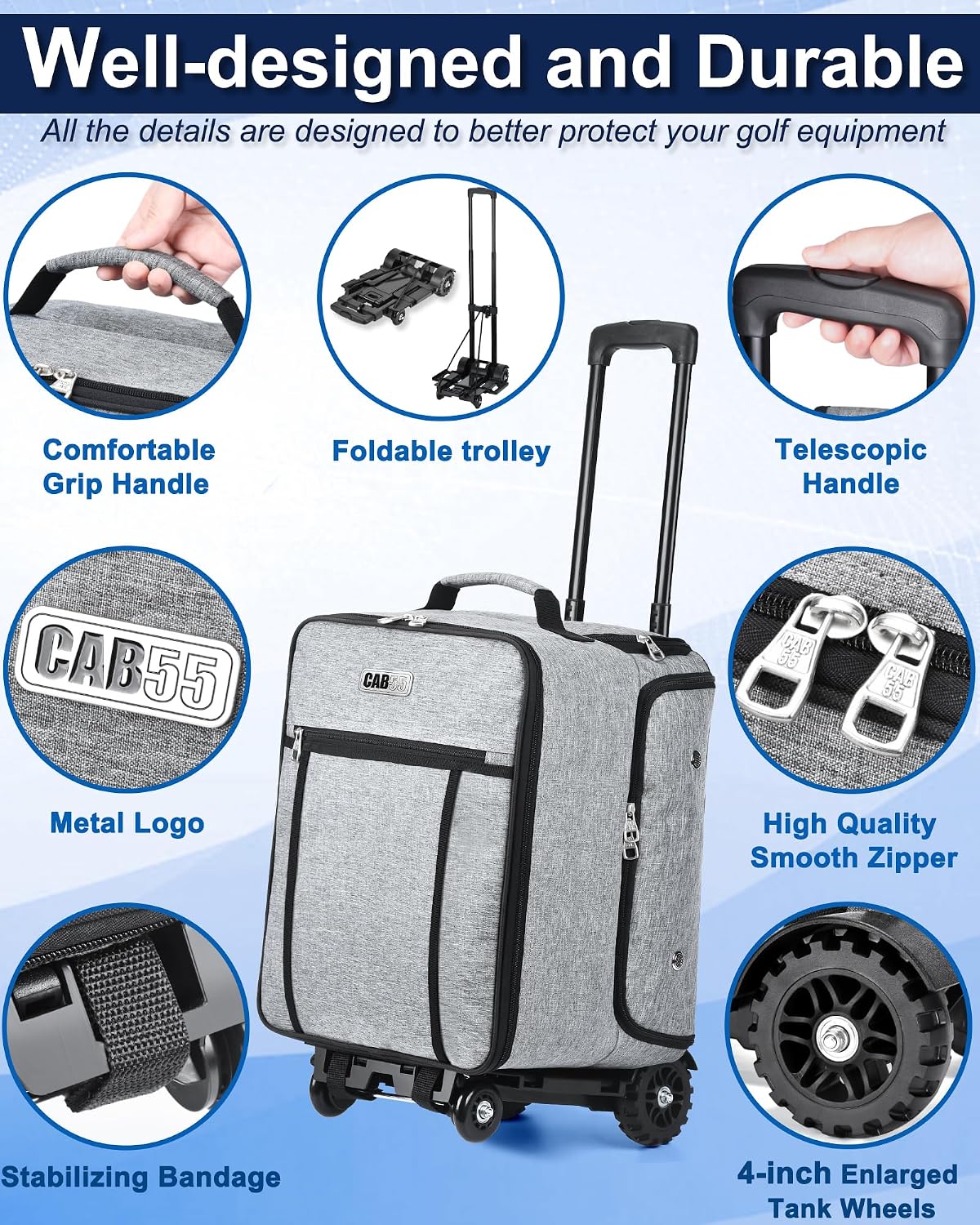 CAB55 Golf Trunk Organizer with 4 Wheels, 2 Layer Waterproof Car Golf Organizer with Separate Ventilated Compartment for 2 Pair Shoes, Golf Trunk Storage for Clothes, Accessories, Golf Gifts