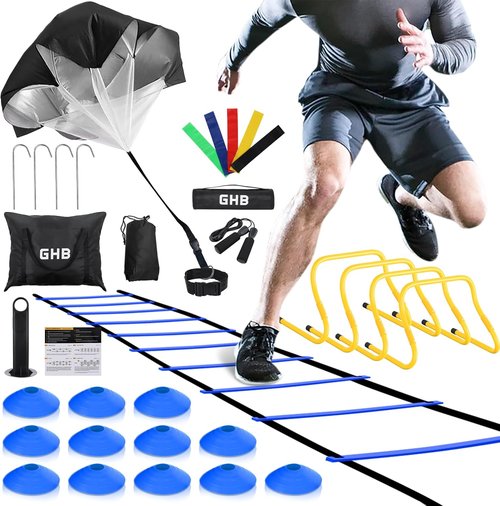 GHB Agility Ladder - Complete Football Training Set with 4 Hurdles, 20ft Speed Ladder & Accessories