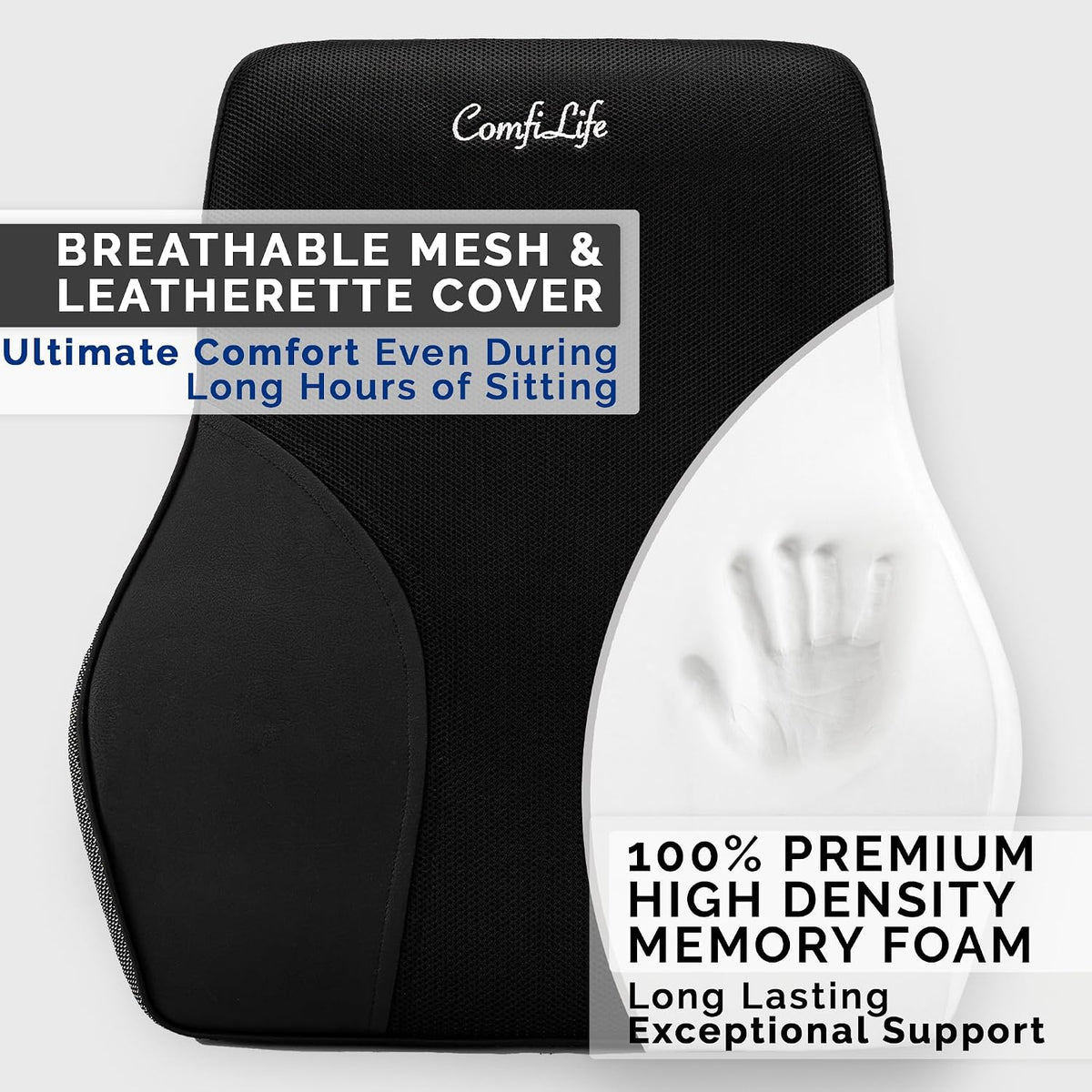 ComfiLife Lumbar Support Pillow for Office Chair – Premium Memory Foam Lumbar Pillow – Back Support for Office Chair, Car – Back Pain Relief, Improves Posture – 3 Adjustable Straps, Mesh + Leatherette