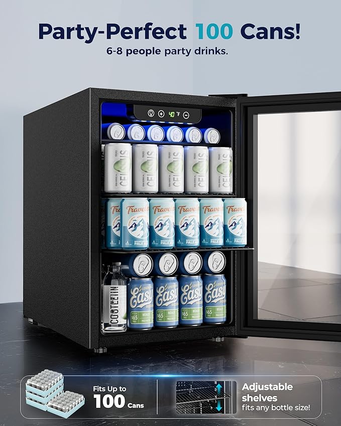 EUHOMY 100 Can Beverage Refrigerator cooler-Mini Fridge Glass Door for Beer Drinks Wines, Freestanding Beverage Fridge with Adjustable Shelves Blue LED for Home/Office/Dorm/Bar, 2.7 cu.ft