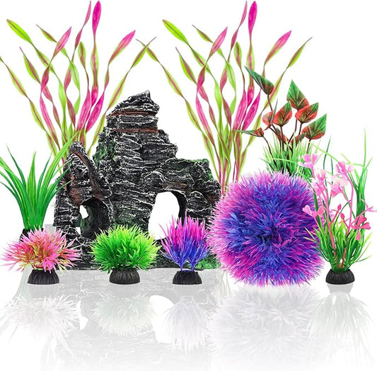 10pcs Aquarium Artificial Plastic Plants Decorations and Rock Cave Decor Set, Fish Tank Accessories Small Large Fish Bowl Ornaments Set