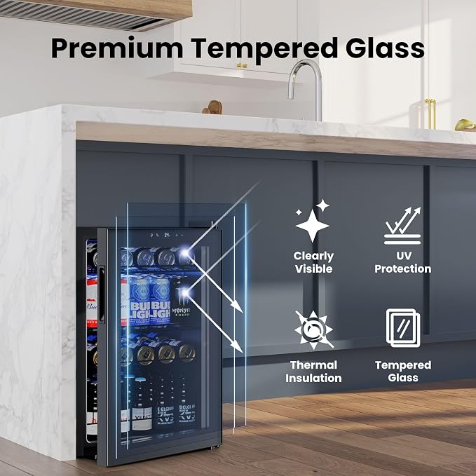 Yeego Beverage Refrigerator Drink Cooler, 85 Cans Mini Fridge Glass Door | Soda Wine Beer Cooler, 34°F To 54°F Temperature Control, for Home Office Bar, Adjustable Shelves,Freestanding, Black