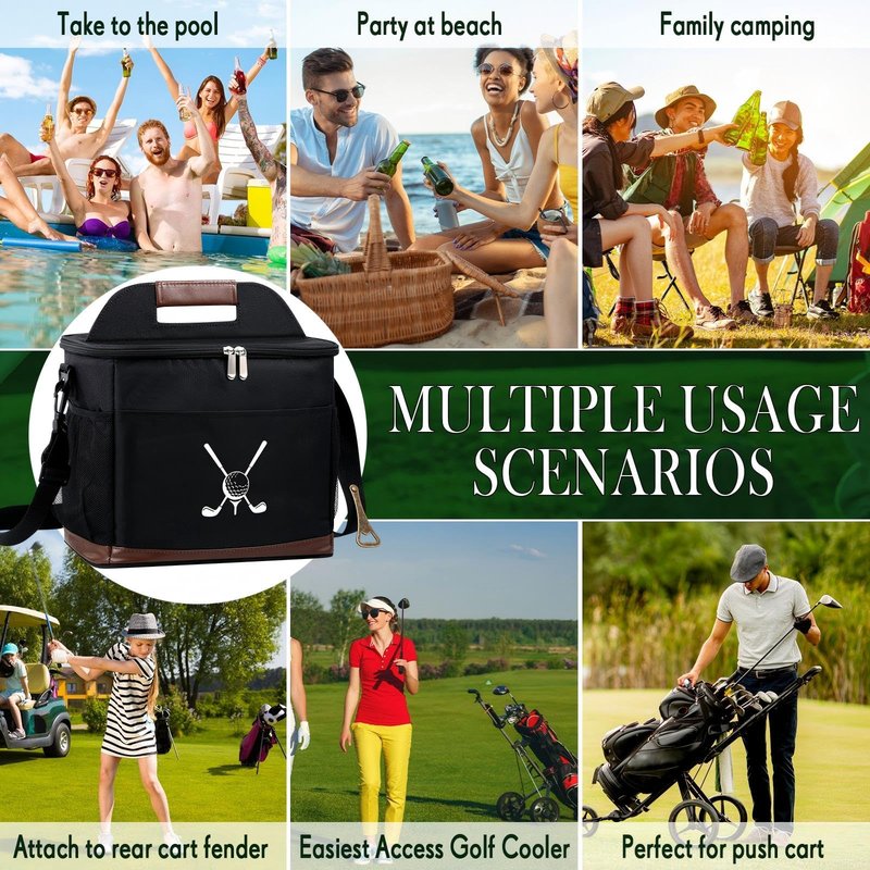 Reallnaive Golf Cart Cooler Bag Insulated with 6 Beer Can Sleeves 24 Can Large Foldable Leakproof Soft Cooler Bag with Bottle Opener Ice Cooling Holds for Golf Cart (Black)