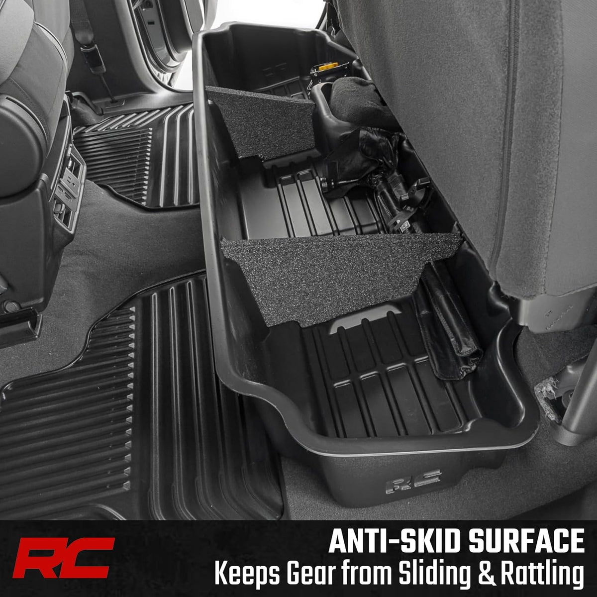 Rough Country Under Seat Storage for Chevy Silverado & GMC Sierra 1500/2500HD/3500HD Double Cab (2019-2026) - Custom Rear Under Seat Organizer Tray Without Lid