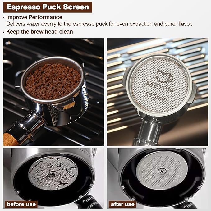 MEION Espresso Dosing Funnel and Puck Screen Set, Magnetic Coffee Funnel, Reusable Espresso Puck Screen, Espresso Tools Espresso Accessories (Black, 58mm)