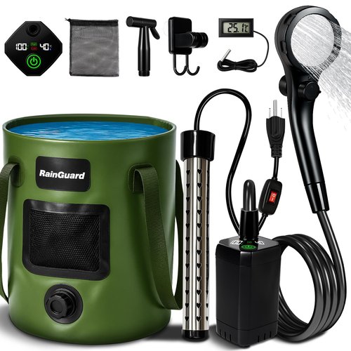 Motivekit™ Portable Camping Shower | 6.6 Gallons Foldable Bucket, 6000mAh Shower Pump, 6' 7" Shower Head, 1500W Immersion Heater, Summer Beach Outdoor Showering Hiking Pet Bath RV Car Wash Water Plant