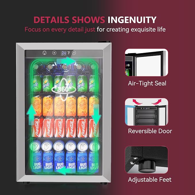 4.5 Cu.ft Beverage Refrigerator Cooler, 145 Can Mini Fridge with Digital Temperature Display for Soda Beer Wine, Freestanding beverage fridge with Adjustable Shelving for Home Office Bar