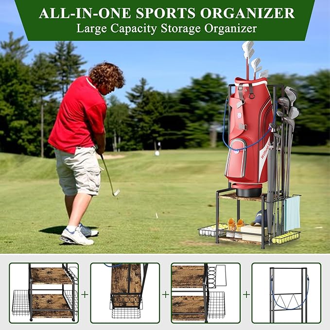 GILLAS Golf Bag Storage Garage Organizer, Golf Bag Stand Fit for 2 Golf Bags, Golf Equipment Accessories, Golf Bag Storage Rack with Wheels for Garage, Club, Shed, Basement