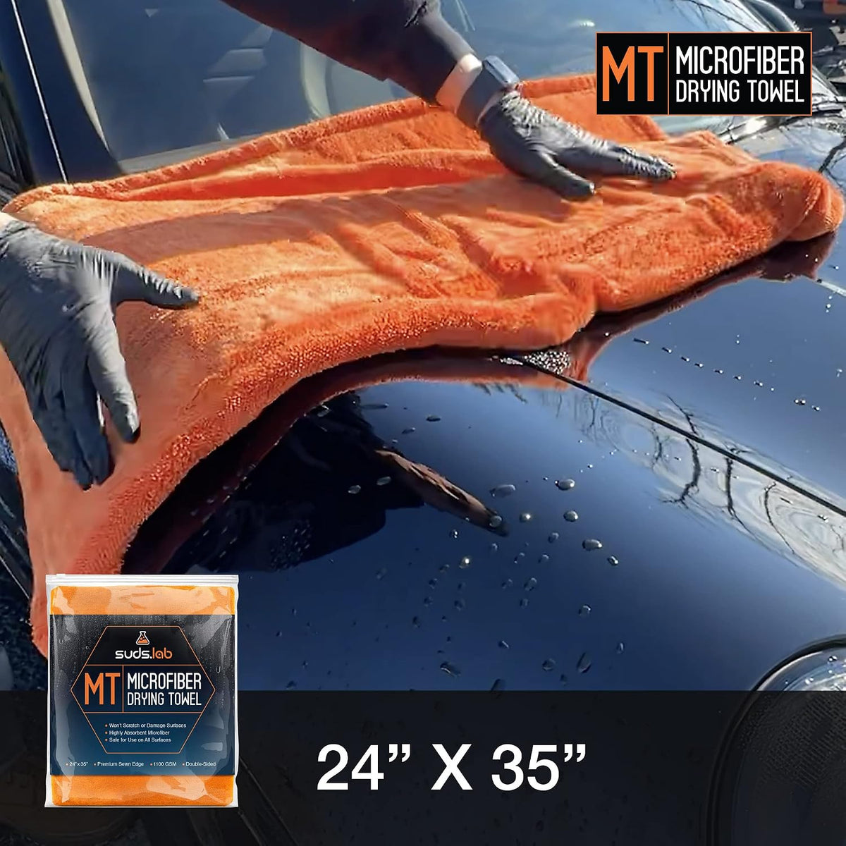 Suds Lab Large Microfiber Drying Towel (24 in x 35 in) Car Exterior Cleaning and Detailing Cloth, Safe On Plastic Trim, Glass, Carbon Fiber, Paint