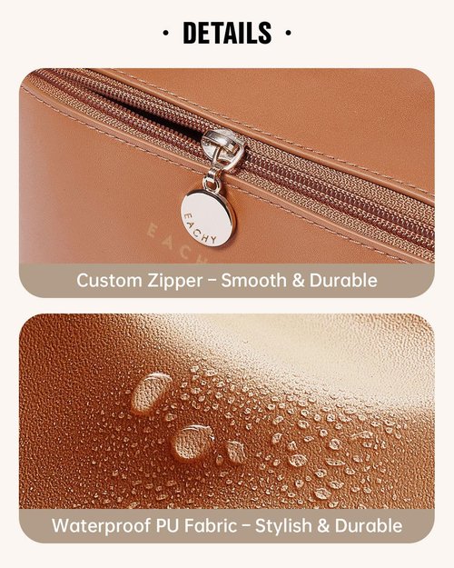 EACHY Travel Makeup Bag - Large Capacity Waterproof PU Leather Cosmetic Organizer | Flat Open Design for Skincare & Brushes