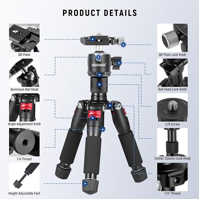 NEEWER Portable Travel Mini Tabletop Tripod, Aluminum Alloy 20''/ 50cm Desktop