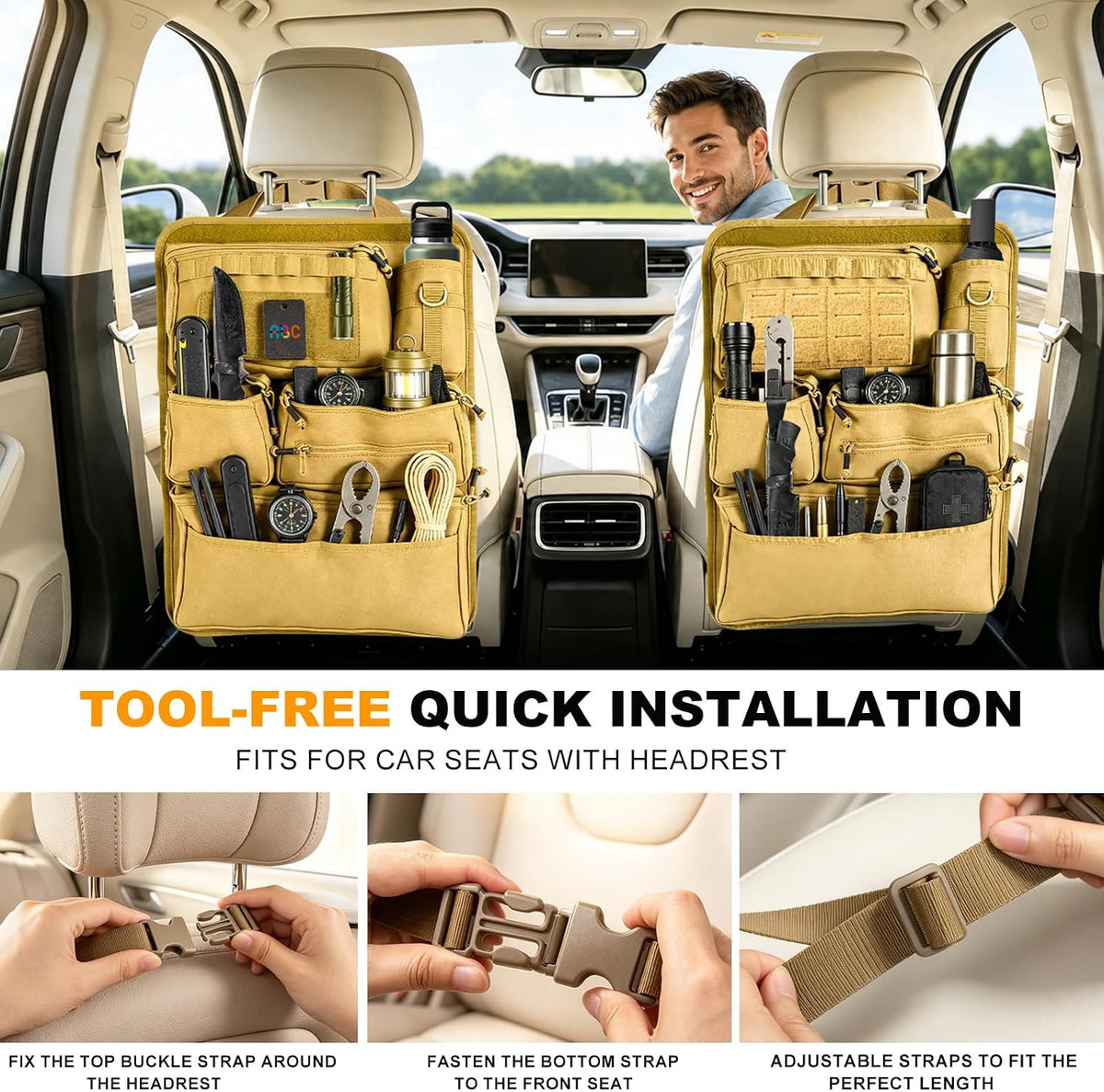 Universal Car Seat Back Organizer with 7 Storage Pockets, Khaki