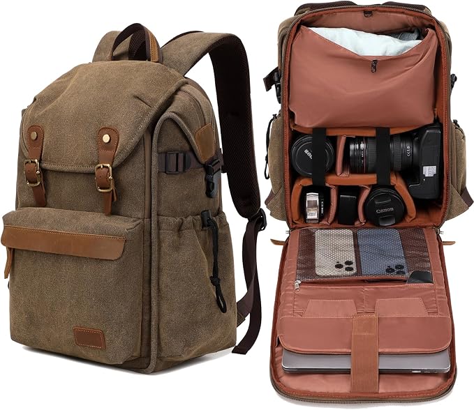 Vintage Canvas Camera Backpack for DSLR/Mirrorless & Drone, Waterproof