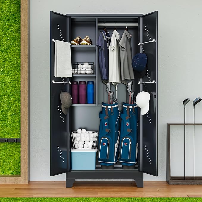 Golf Bag Storage Cabinet Fits 2 Bags, Metal Golf Bag Organizer with Lockable Doors, 75" Sports Equipment Organizer for Garage, Home, Office, Gym