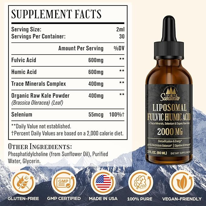 Trace Minerals Electrolytes Drops 2000 MG | Liquid Liposomal Fulvic Humic Acid Supplement | 85+ Trace Minerals | Hydration | Detoxification | Energy | pH Balance | Digestion | Immunity | 2 Oz