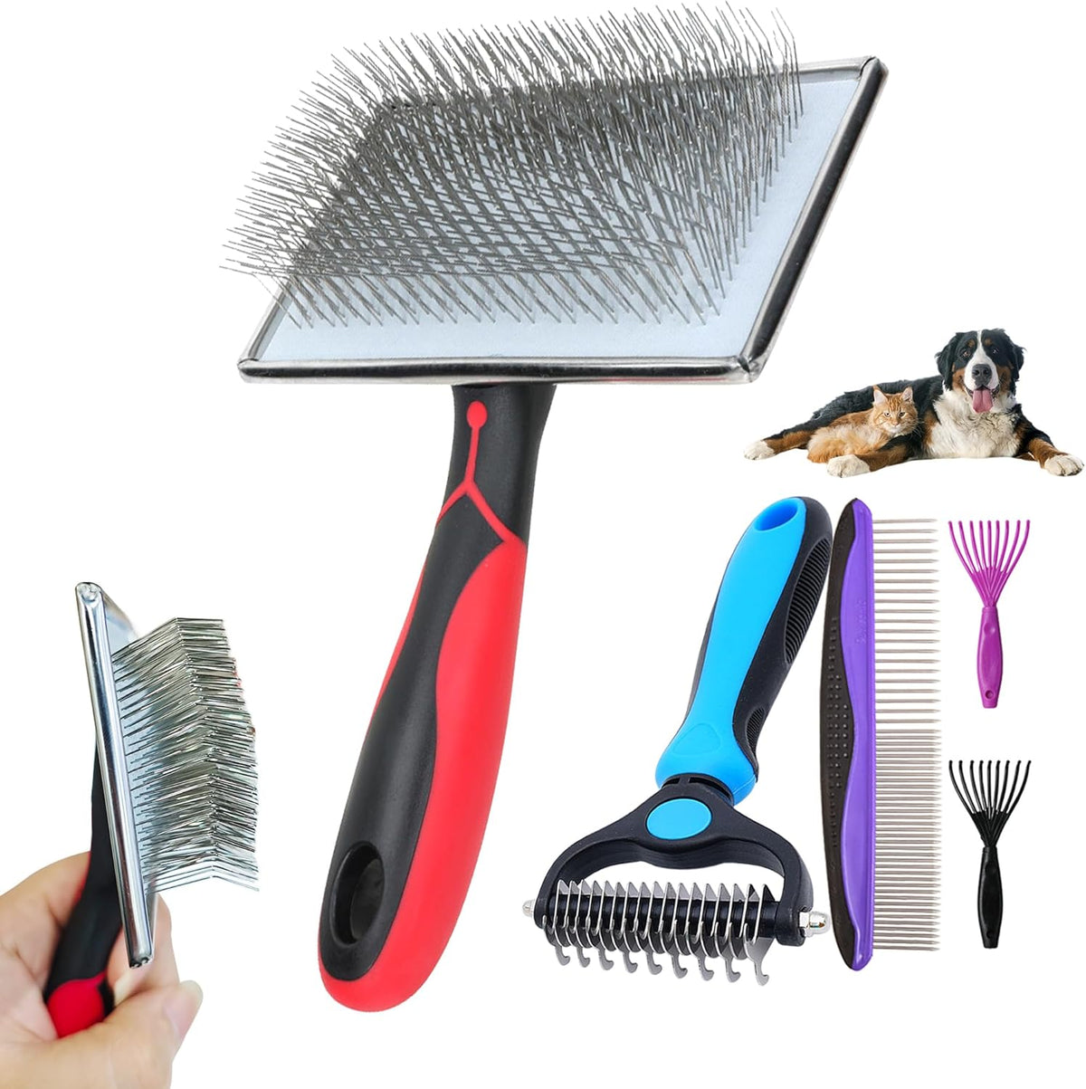Skiennix 5-In-1 Dog & Cat Grooming Kit - Extra Long Pin Slicker Brush for Shedding & Dematting